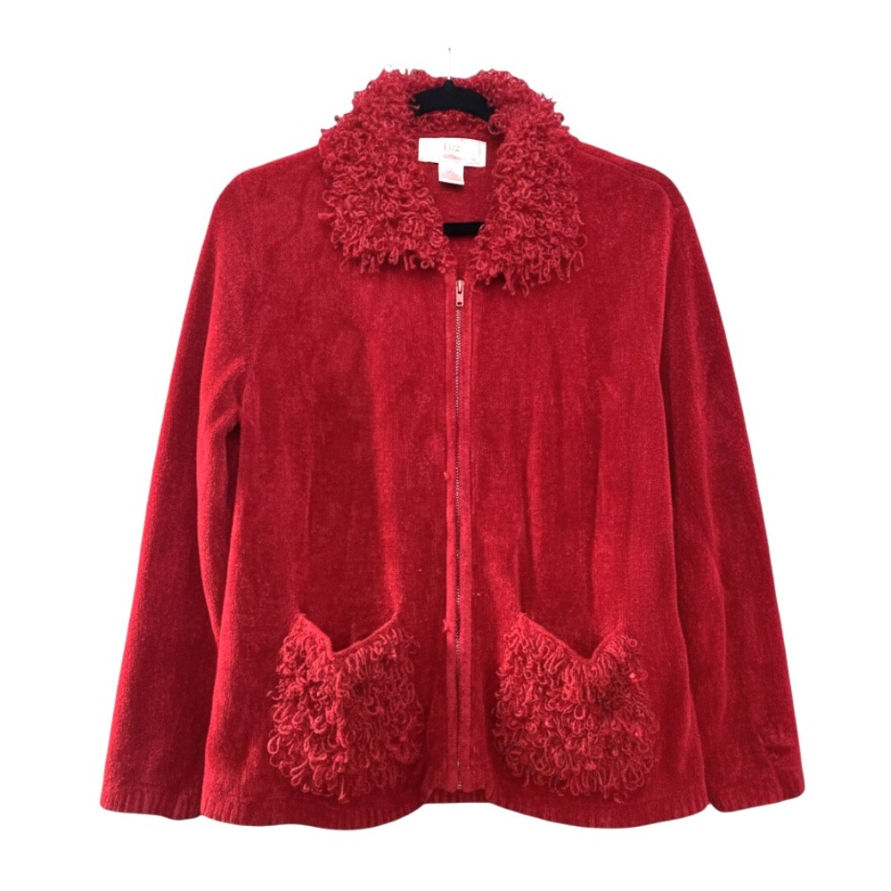 VTG Lisa International RED CHENILLE SWEATER CARDIGAN Shaggy Collar/Pockets Zip M